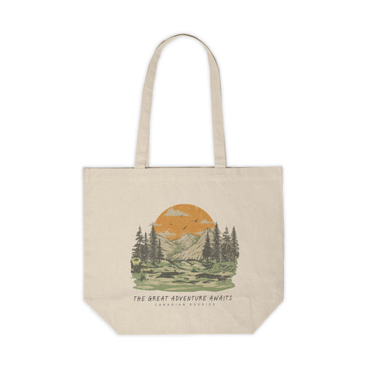Beige tote bag with nature-themed design and text on a white background
